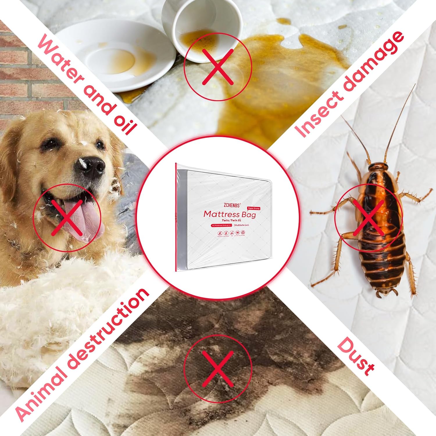 ZCHENBS® – Mattress Bags for Moving and Storage,Mattress Bag with Zippers,5 Mil Ultra-Thick Bed Bag,Waterproof,Anti-Tear,Heavy-Duty Mattress bag (Transaparent/Red, Twin/Twin XL-(1 Pack))