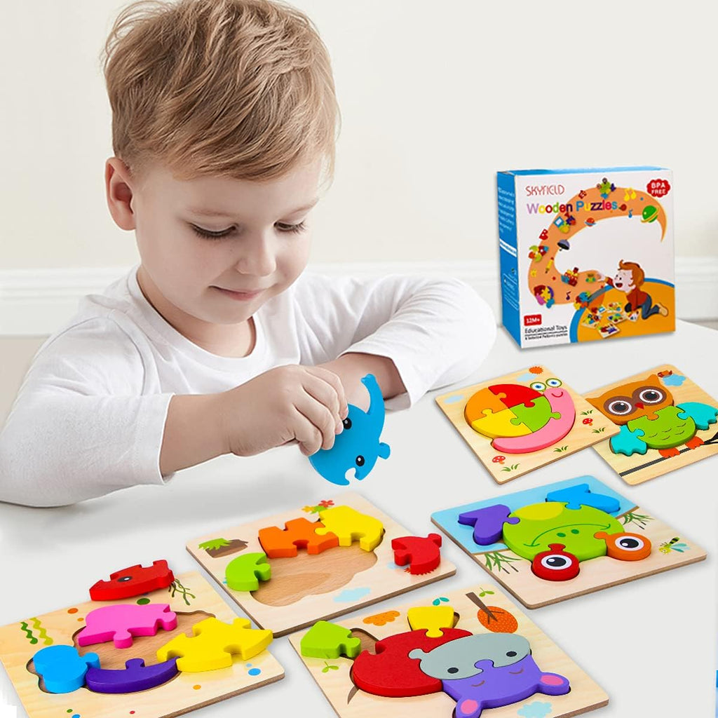 SKYFIELD Wooden Animal Puzzles for 1 2 3 Years Old Boys Girls, Toddler Educational Developmental Toys Gift with 6 Animals Baby Montessori Color Shapes Learning Puzzles