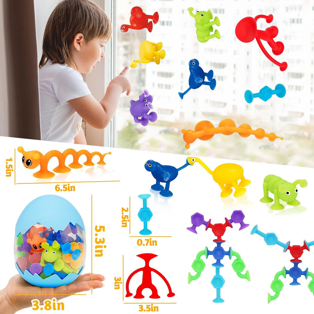 32 PCS Toddler Suction Cup Toys Kids Bath Toy 1-3 3-5 Party Favor Goody Prize Filler Stuffer Gifts for 2+ 3 4 5 6 Year Old Boy Girl Travel Sensory Fidget Window Water Table Toy with Eggshell Storage