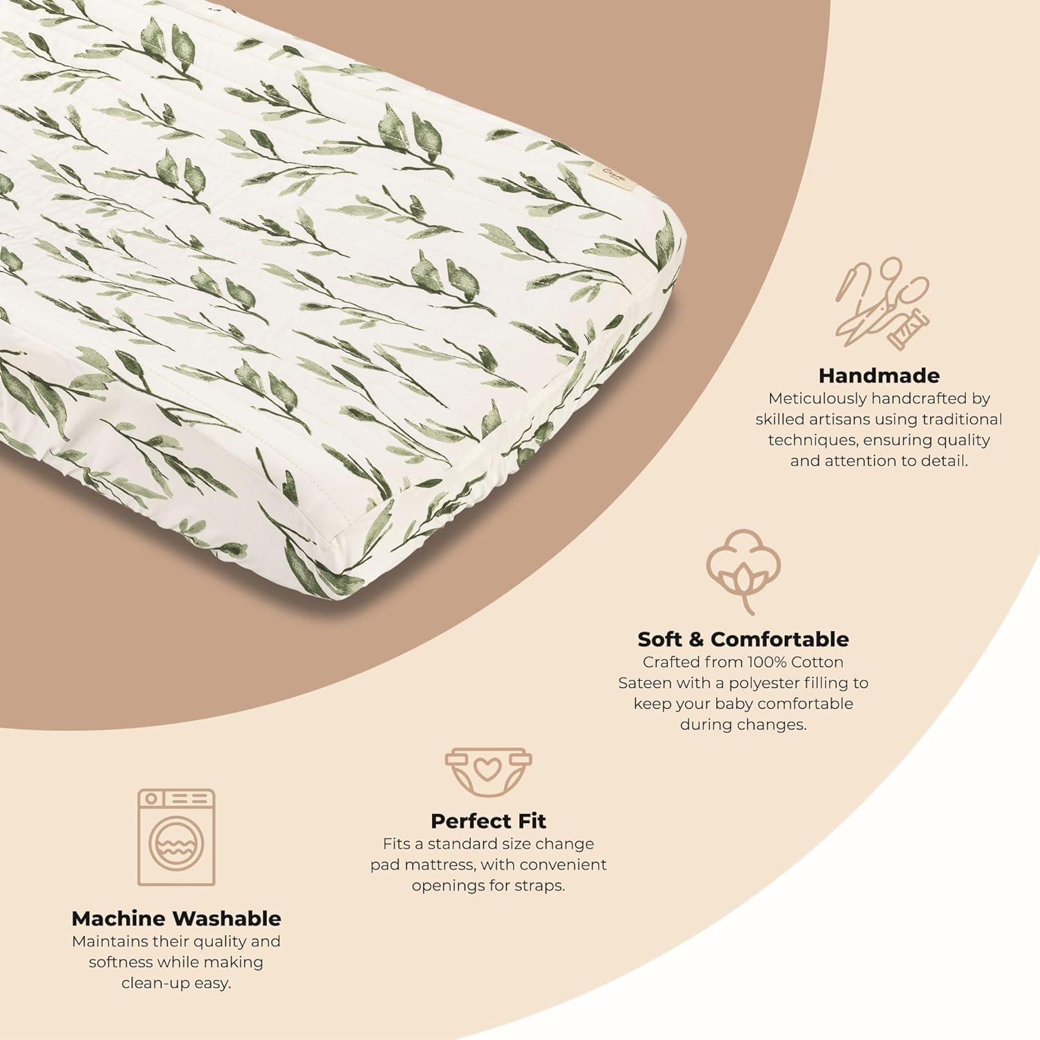 Crane Baby Green Leaf, Quilted Changing Pad Cover, 100% Cotton Sateen, 16in X 32in, Fitted with Elastic, Soft, Machine Washable, Neutral Nursery Essential
