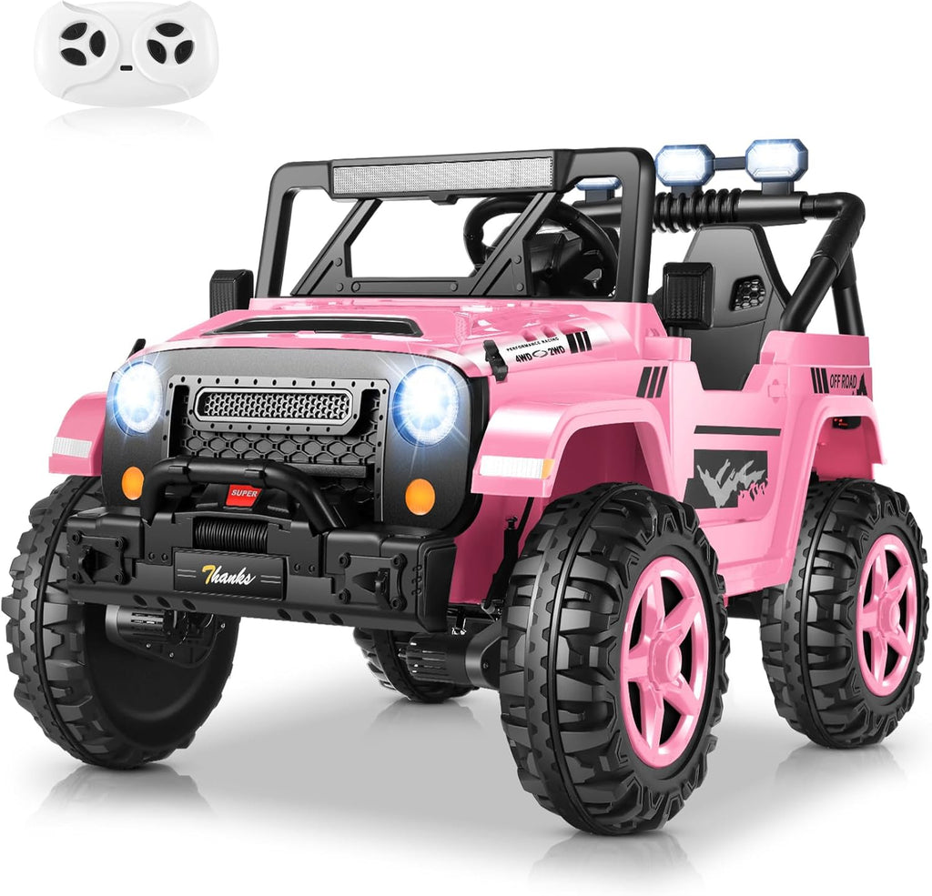 Hikole 24V Ride on Toys for Kids - 4WD/2WD Switchable 2 Seater Kids Electric Car with 4x200W Motors, Remote Control, 3 Speeds, LED Lights, MP3 Player, Safety Belt, Gift for Girls, Pink