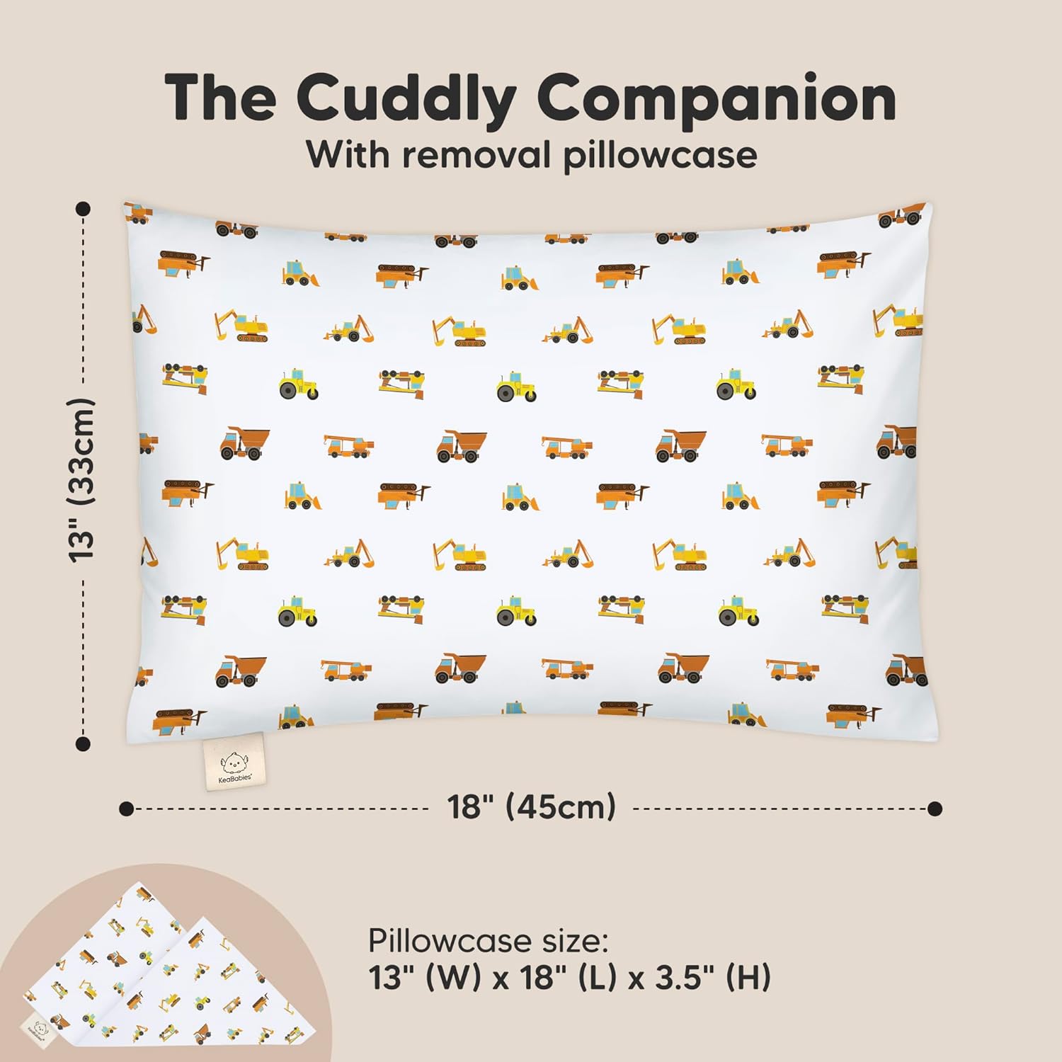 Toddler Pillow with Pillowcase - 13x18 My Little Cuddly Pillow, Viscose Derived From Bamboo Nursery Toddler Pillows for Sleeping,Kids Pillow,Small Travel Pillows,Mini Toddler Bed Pillow (Construction)