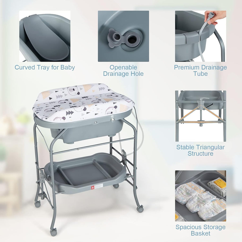 HONEY JOY Baby Changing Table with Bathtub, Foldable Infant Diaper Changing Station with Wheels, Storage Tray, Waterproof Pad, Portable Newborn Nursery Organizer Bath Stand for Boys Girls (Gray)