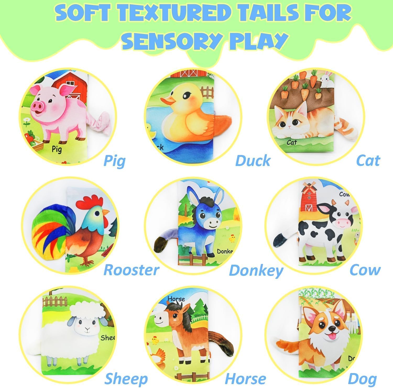 Farm Crinkle Books for Babies with 10 Finger Puppets Set, Touch and Feel Cloth Soft Farm Animal Tail Book with BiBi & Teething Toy, Puppets for Kids Ages 4-8, Baby Shower Birthday Gifts