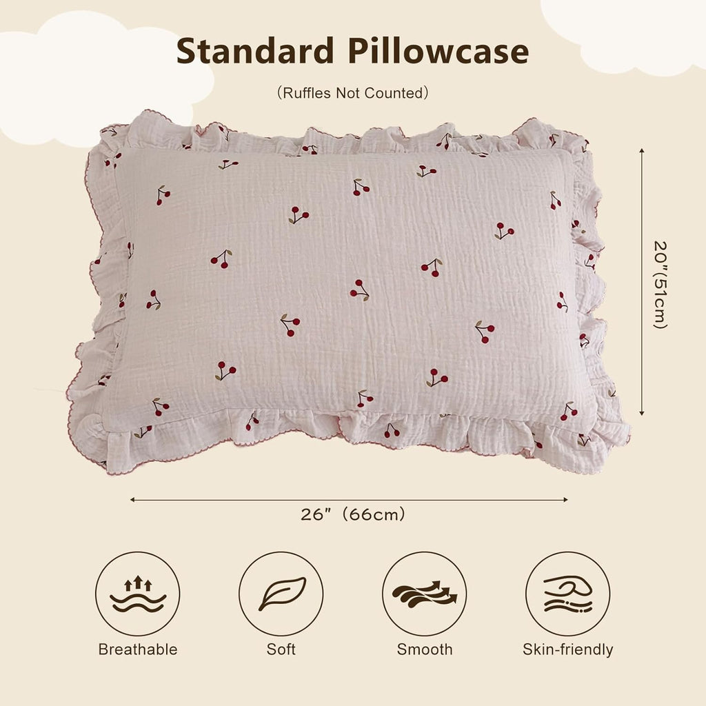 BuLuTu Cotton Muslin Ruffle Edge Kids Toddler Pillowcase Standard,Cherry Pattern Soft Travel Pillow Nursery Pillowcase for Boys,Girls,Bedding Decor Machine Washable, Durable Pillowcase 1 Piece