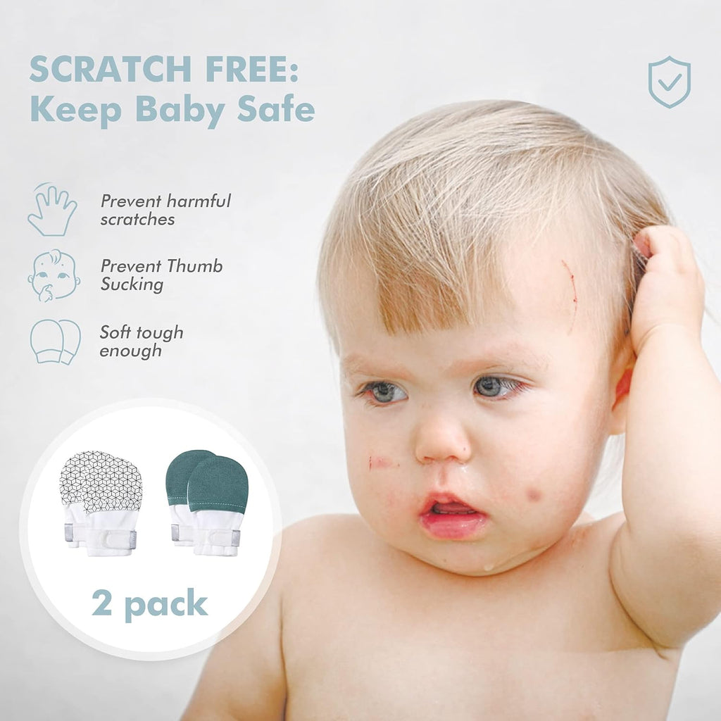 HAPIU Baby No Scratch Mittens Stay On, 100% Cotton Breathable, Adjustable Infant Gloves for Boys Girls, Newborn - 12 M