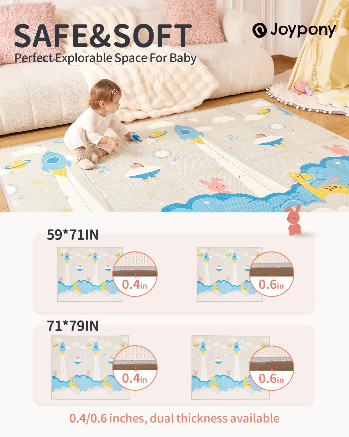 Baby Play Mat 79x71x0.6 inches, Fabric Cloth Surface Extra Large & Thick Foldable Play Mats, Waterproof & Anti-Slip Portable with Travel Bag