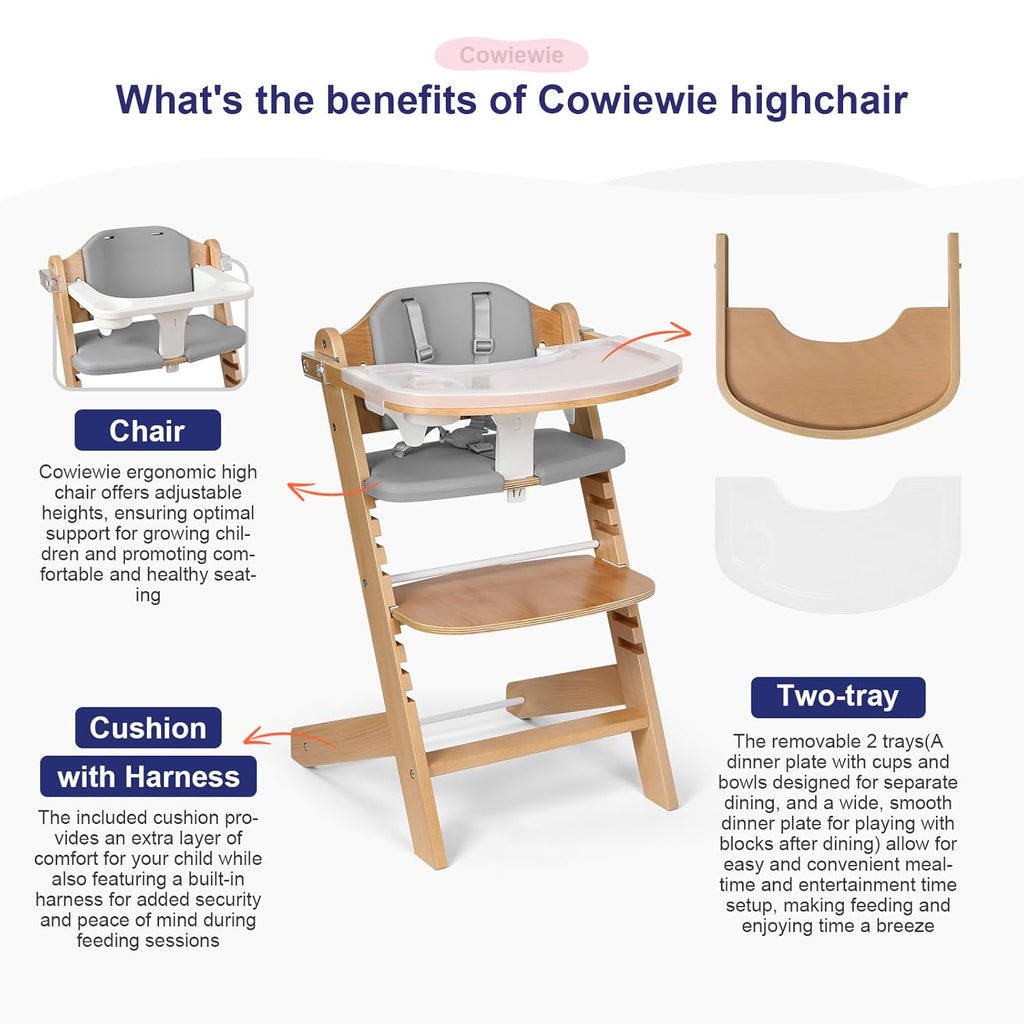 Cowiewie 3-in-1 Convertible Natural Wooden High Chair for Babies & Toddlers 3-Tier Remove & 2 Adjustable Wood Tray & 8 Levels Adjustable, 2 Waterproof Cozy Cushions Grey