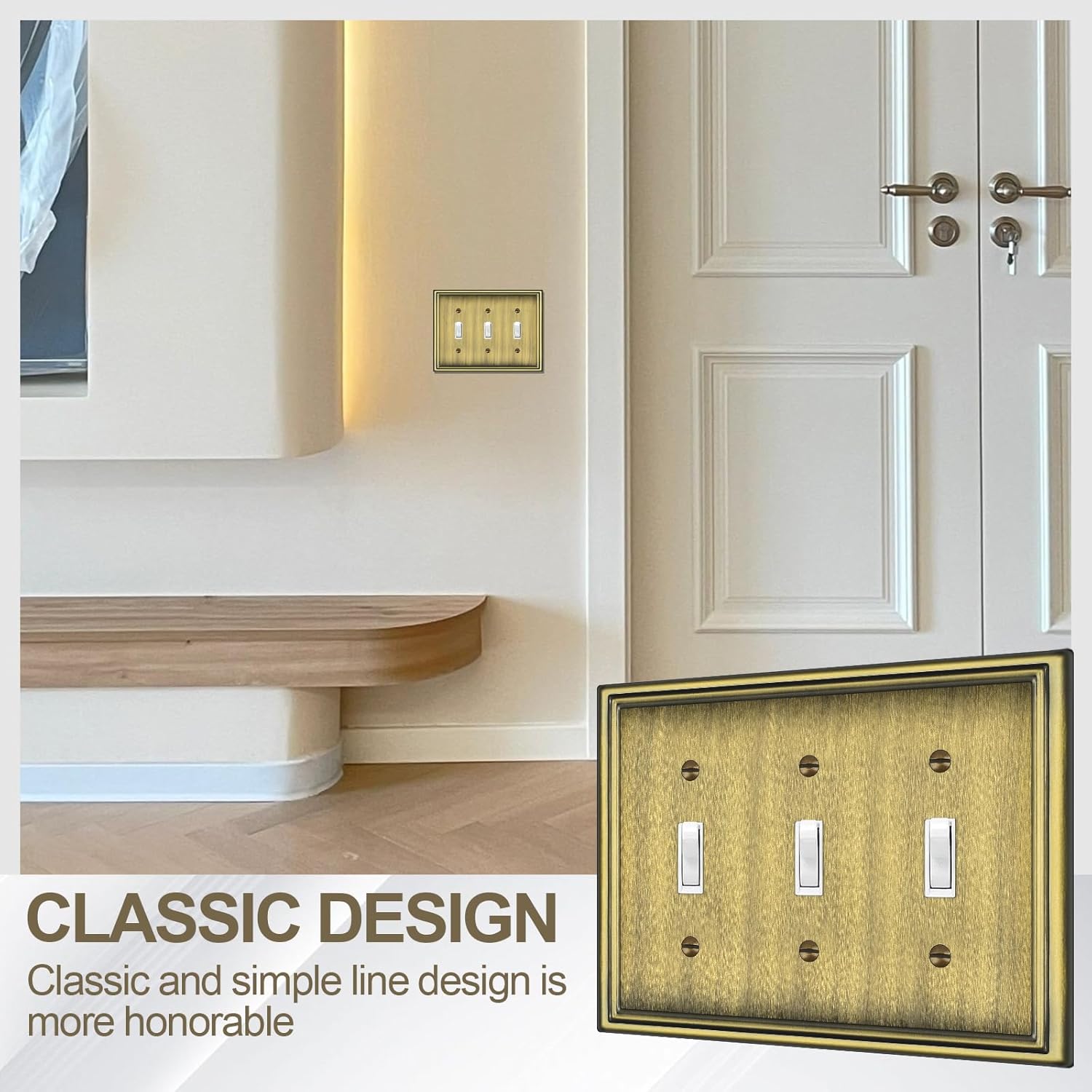 2 Pack Triple Toggle Light Switch Covers Plate, Antique Brass Metal Material Switch Plate Covers, 3 Gang Wall Plate for Light Switch - Classic Style