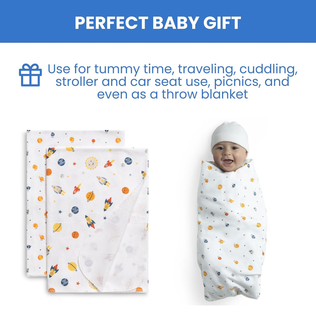 Delta Children 100% Cotton Flannel Baby Receiving Blankets for Girls and Boys – 30x30 Inches (Pack of 2), Space Exploration