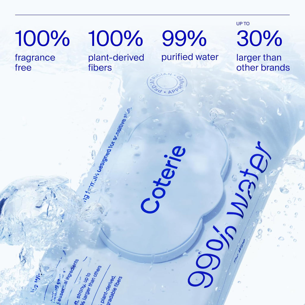 Coterie Baby Wipes + Diapers Kit, Size Newborn Diapers (186 Count) & 12 Pack (672 Count) Baby Wipes with 99% Water, Plant Based Materials, Hypoallergenic for Sensitive Skin