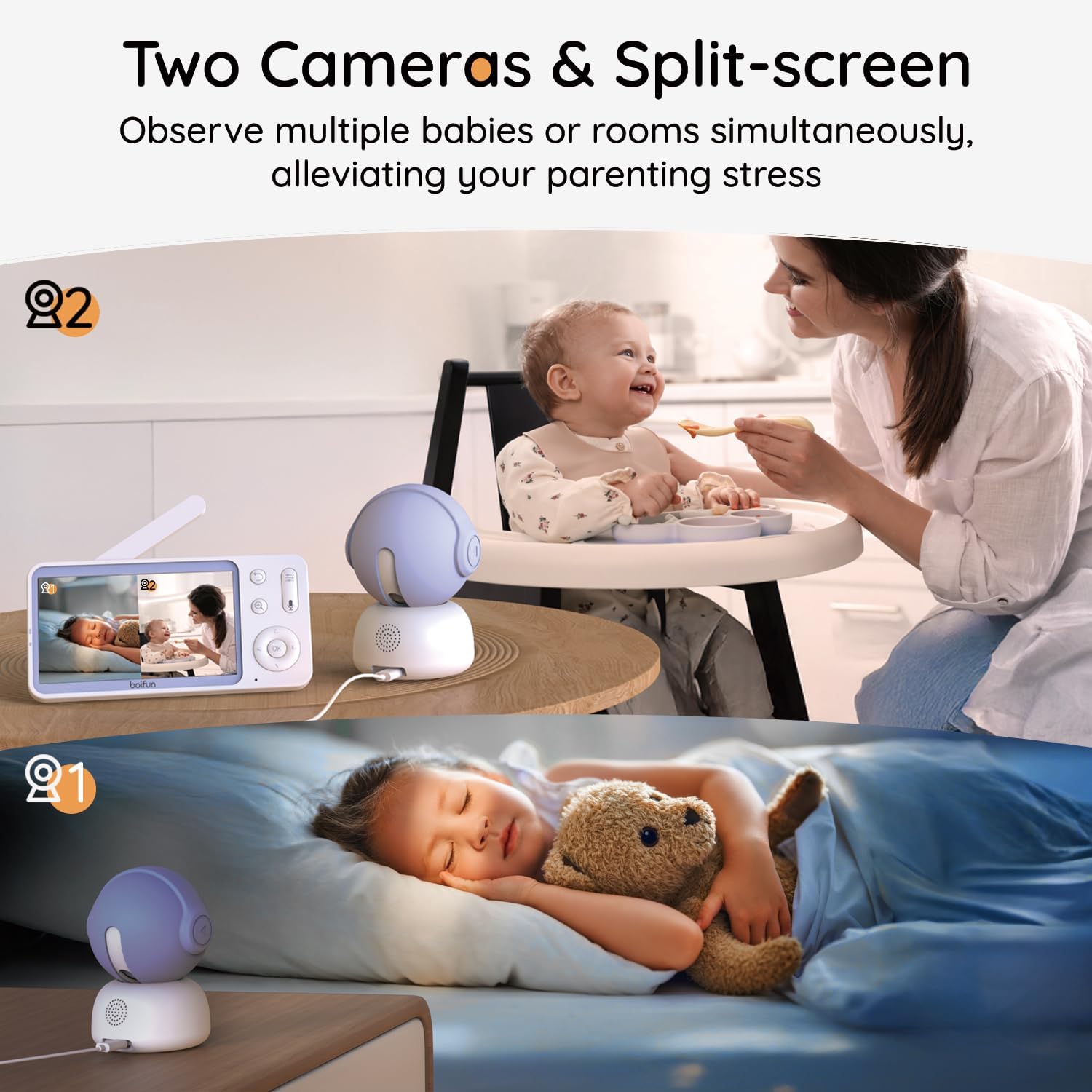 BOIFUN Additional Baby Camera Specifically Compatible with Baby2TM Video Baby Monitor, 360° Camera with Night Light, Auto Tracking, AI Motion & Sound Detection, Two-Way Audio