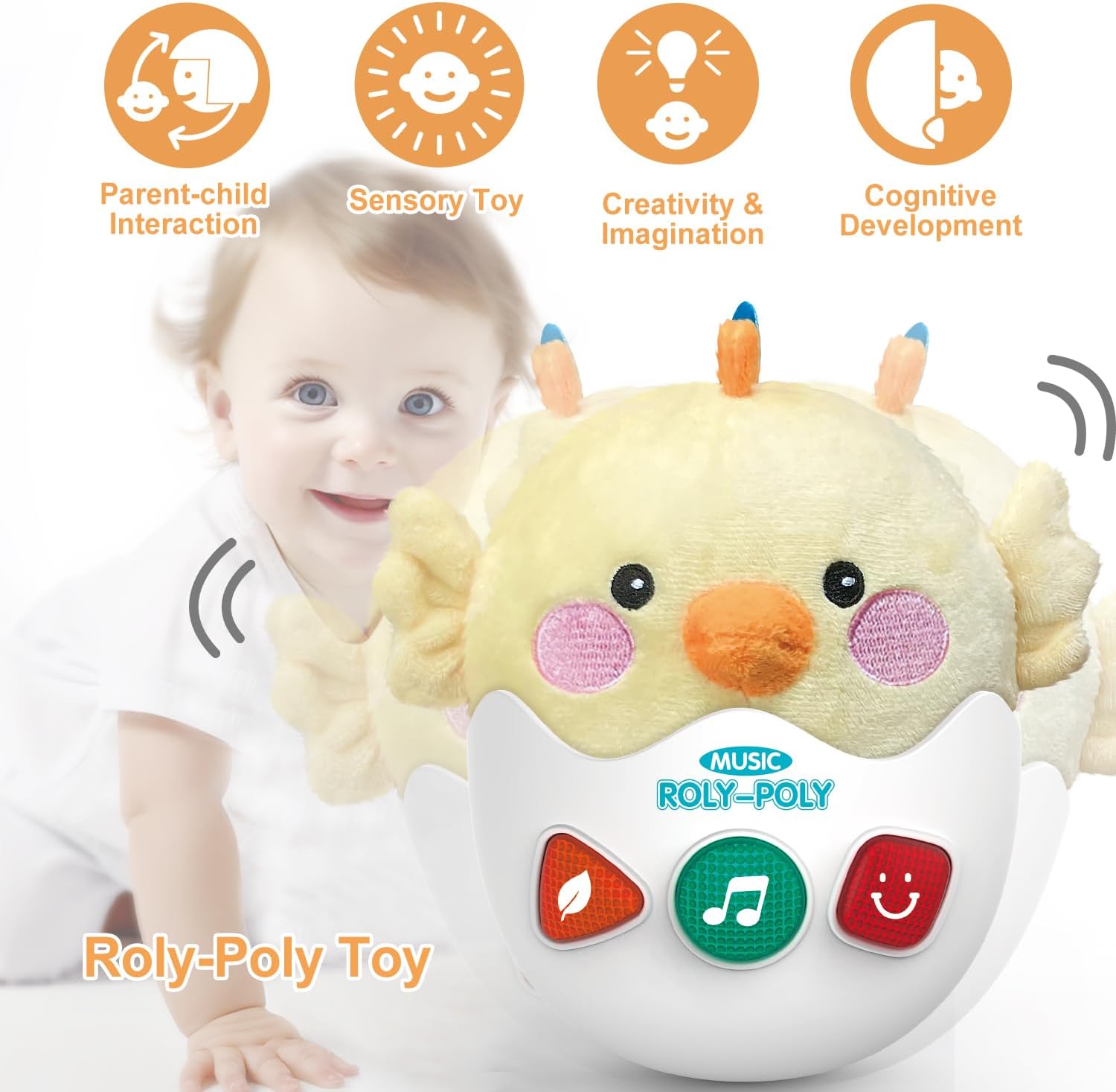 Baby Toys 0-6-12 Months, Chick Musical Plush Cute Stuffed Animal Infant Tummy Toys with Light & Sounds, Roly-Poly Sensory Toy Birthday Easter Egg Gift for Newborn Boys & Girls