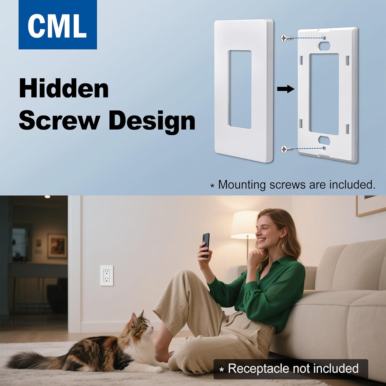 CML 80 Pack Matte White Decorator Screwless Wall Plate, 1-Gang Outlet Covers and Switch Plates, Scratch and Impact Resistant, Hidden Screws, Polycarbonate, Standard Size 2.91” X 4.68”, UL Listed