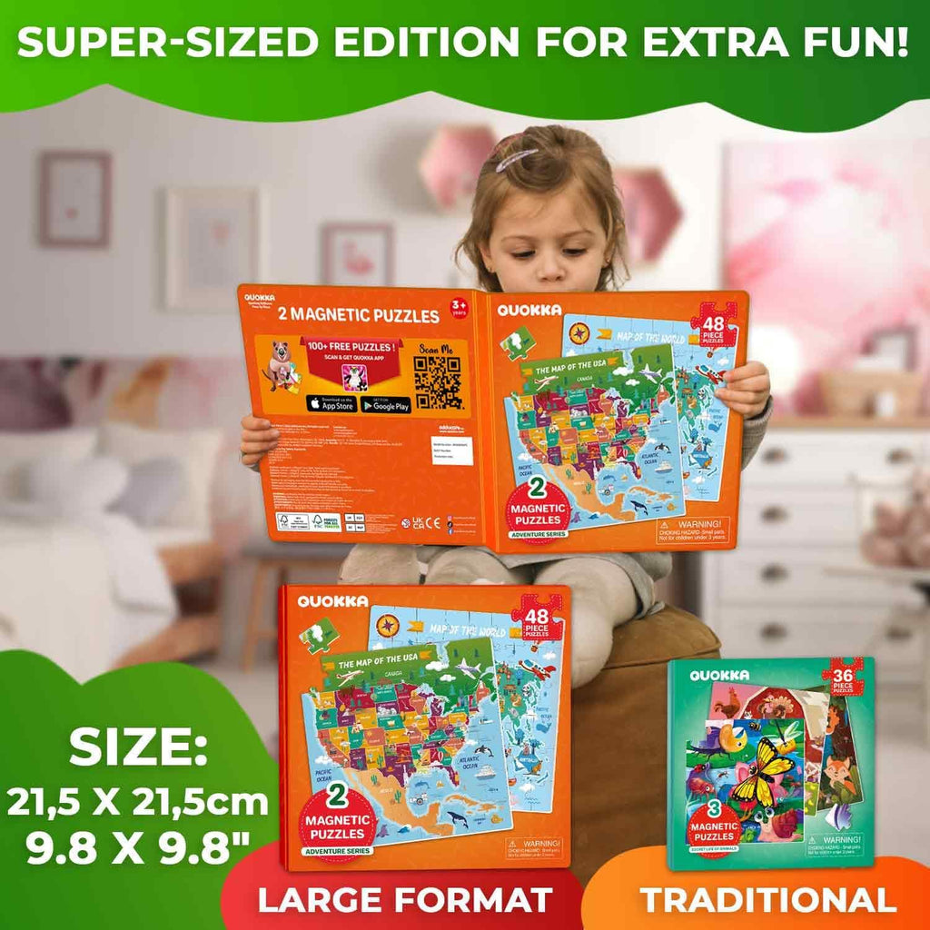 QUOKKA Magnetic Puzzles for Toddlers 4-6 - 2x48 Travel Puzzles Games for Kids Ages 3-5 - USA & World Maps Car Activities Toy for Boys and Girls - United States Learning Magnet for Road Trip