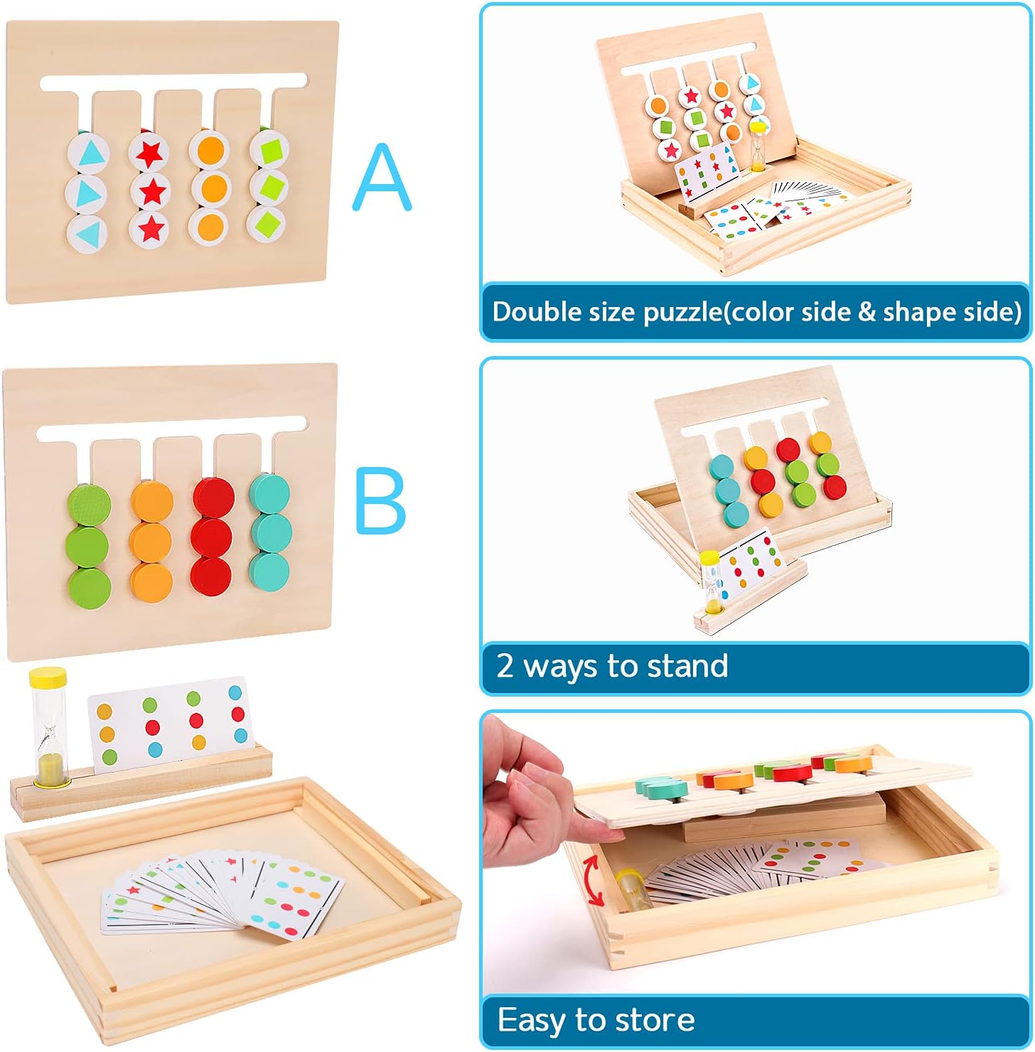 Montessori Preschool Learning Toys for Kids: Wooden Slide Puzzle Board Toys Color Shape Sorting Matching Brain Teasers Education Logic Game Gift for 3 4 5 6 7 Years Old Toddlers Child Boys Girls