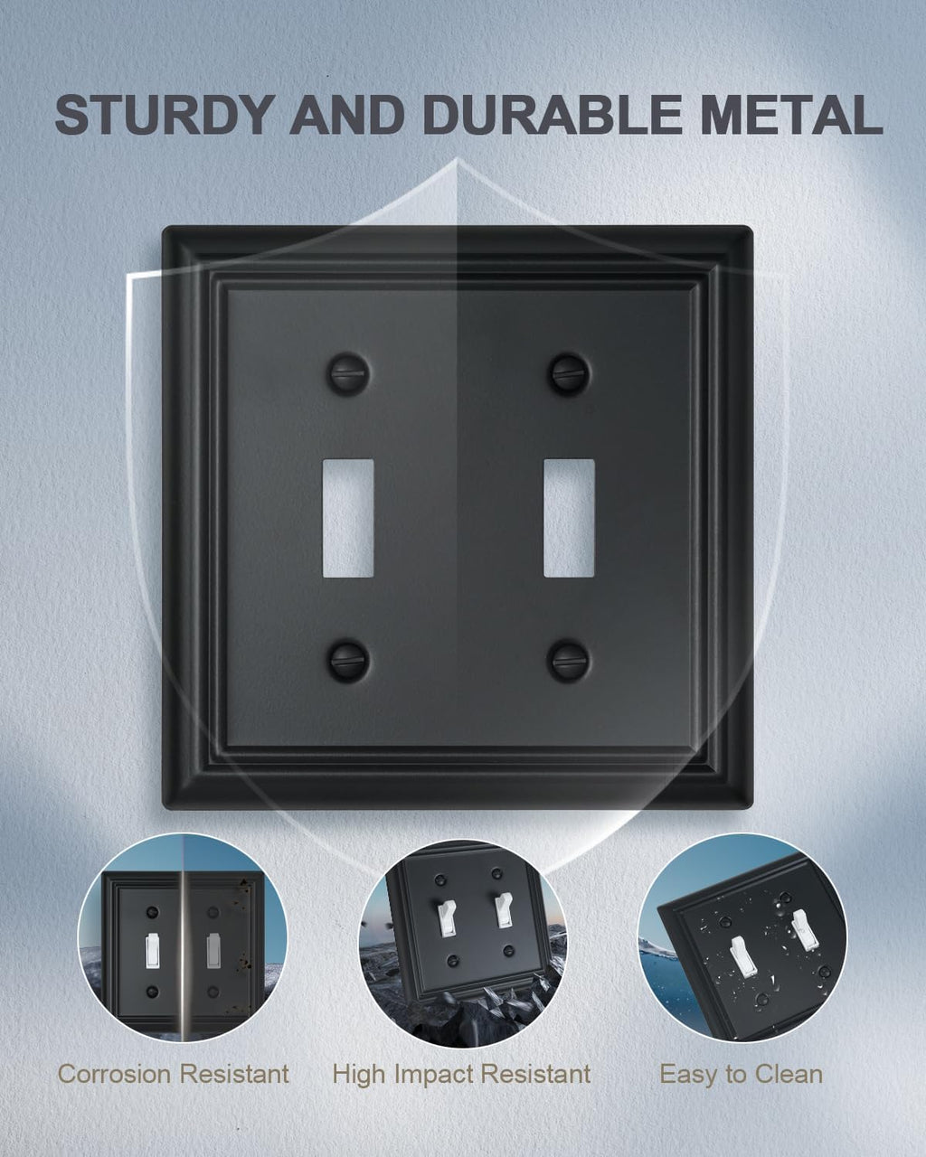 2-Pack Double Toggle Wall Plates, Durable Metal Light Switch Covers, Decorative Switch Plate Covers with Black Finish, 4.96''*4.88'', Midsize