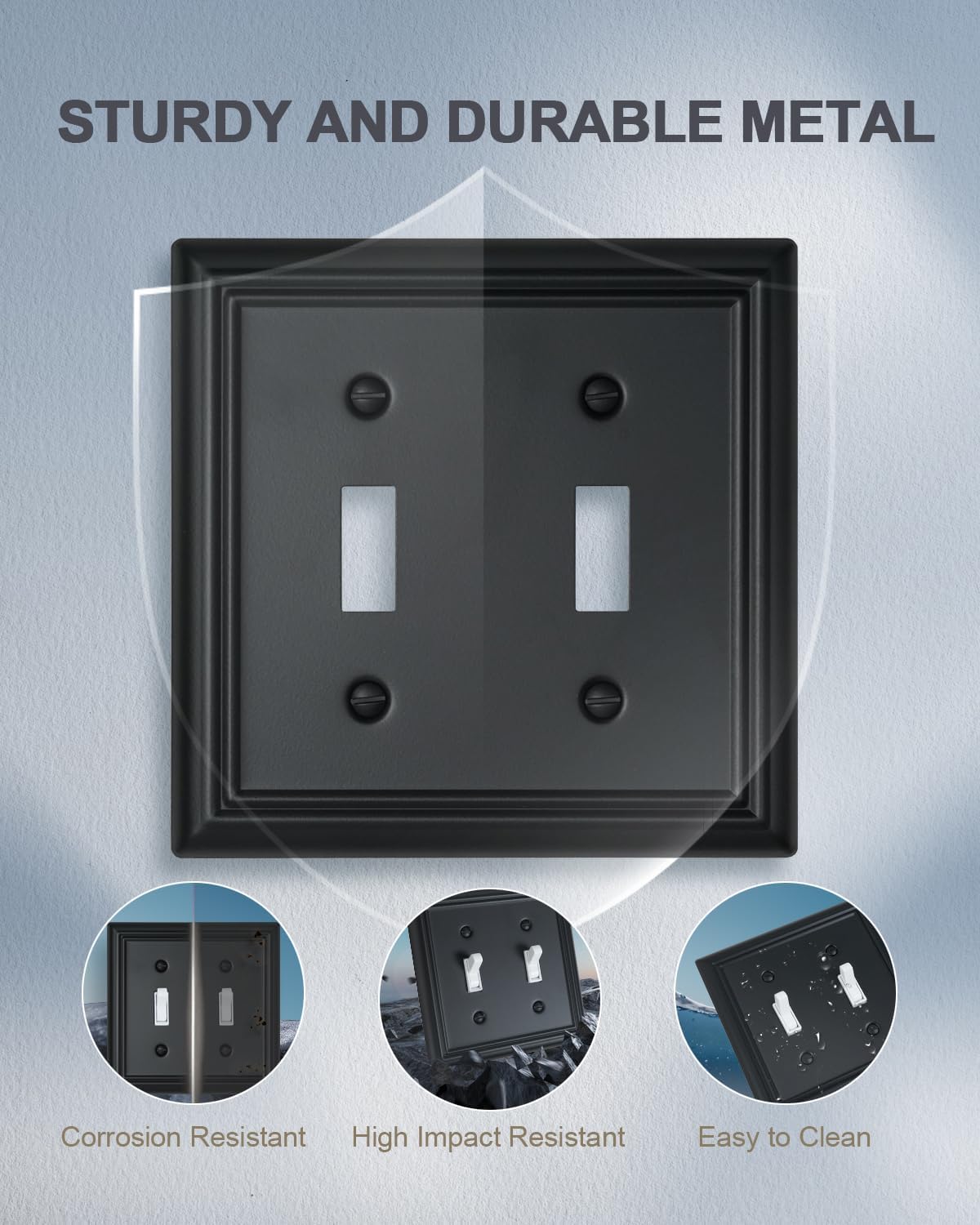 2-Pack Double Toggle Wall Plates, Durable Metal Light Switch Covers, Decorative Switch Plate Covers with Black Finish, 4.96''*4.88'', Midsize