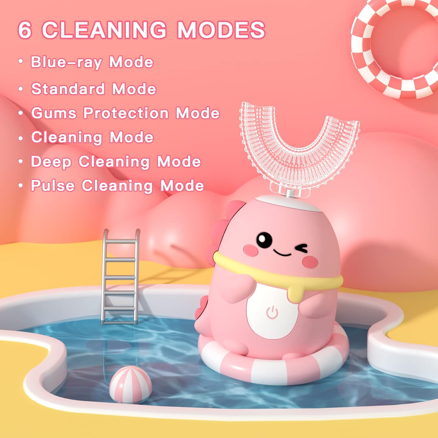 Kids Electric Toothbrush U Shaped Toddler Auto Sonic Toothbrushes with 5 Brush Head,Cartoon Dinosaur Ultrasonic Toothbrushes for Children 2-12 Years,360° Full Mouth Cleaning Automatic