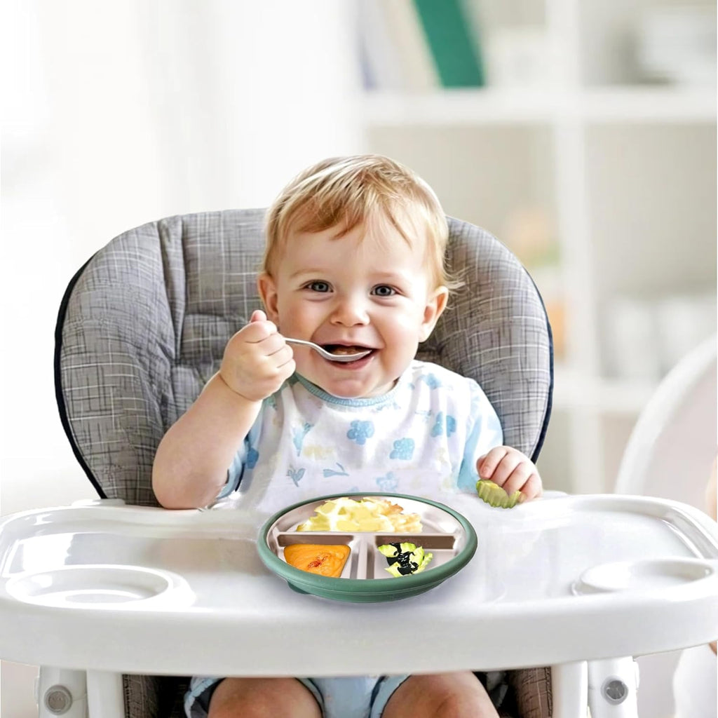 3Pack Stainless Steel Kids Plates, 8.1" Divided Toddler Plates with Removable Silicone Suction Sleeves for Baby Highchairs, Non Toxic BPA Free Non-Slip Unbreakable Snack Lunch Plate