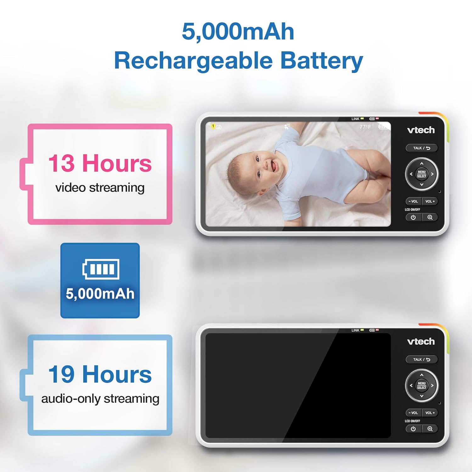 VTech Smart WiFi Baby Monitor, 2K CMOS Sensor Camera, 5.5-inch HD IPS Screen, Clear Infrared Night Vision, Pan-Tilt, 24x Zoom, 2-Way Talk, Multi-Color Night Light, Soothing, Free App: Smart HD Plus