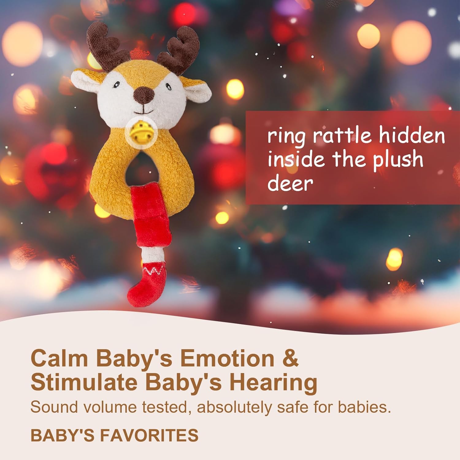 Organic Cotton Stuffed Animal Rattle Baby Toys, Plush Deer Cuddle Cloth and Hand Grip Ring Rattles Plush Toy Set for Newborns Infant Boys Girls, 2 PCS