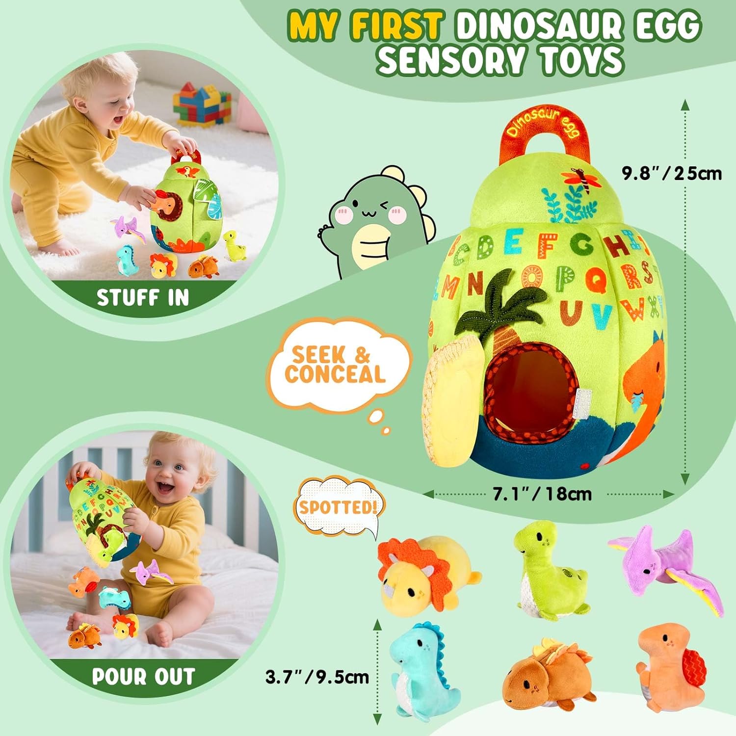 Baby Toys 6-12 Months - Soft Dinosaur Egg Toy with Rattle, Crinkle Paper, Squeaker, Mirror - Baby Sensory Toys for 6+ Month Old Developmental, Montessori Toys for 1 Year Old Boy Girl Gifts