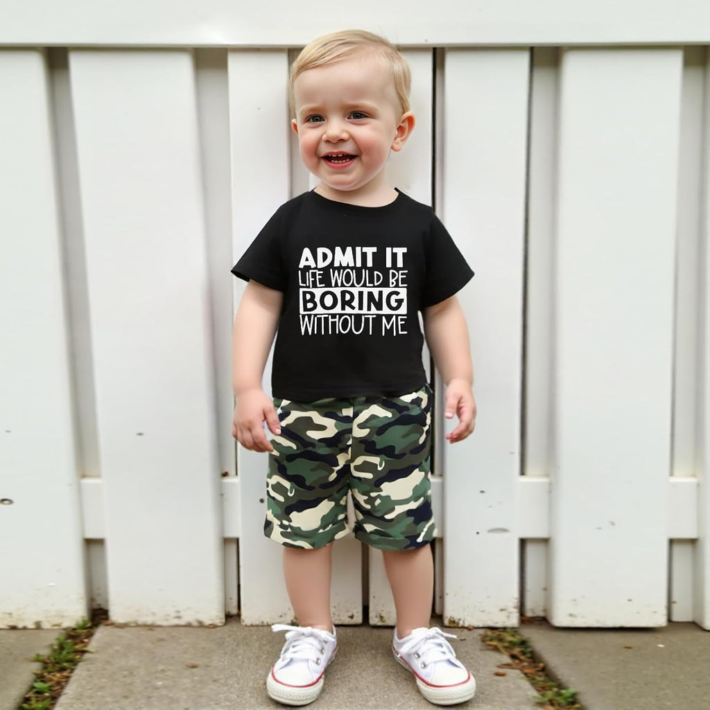 wdehow Toddler Kids Baby Boy Summer Clothes Sets 1T 2T 3T 4T 5T Letter Print Short Sleeve Tops Camouflage Shorts Outfits