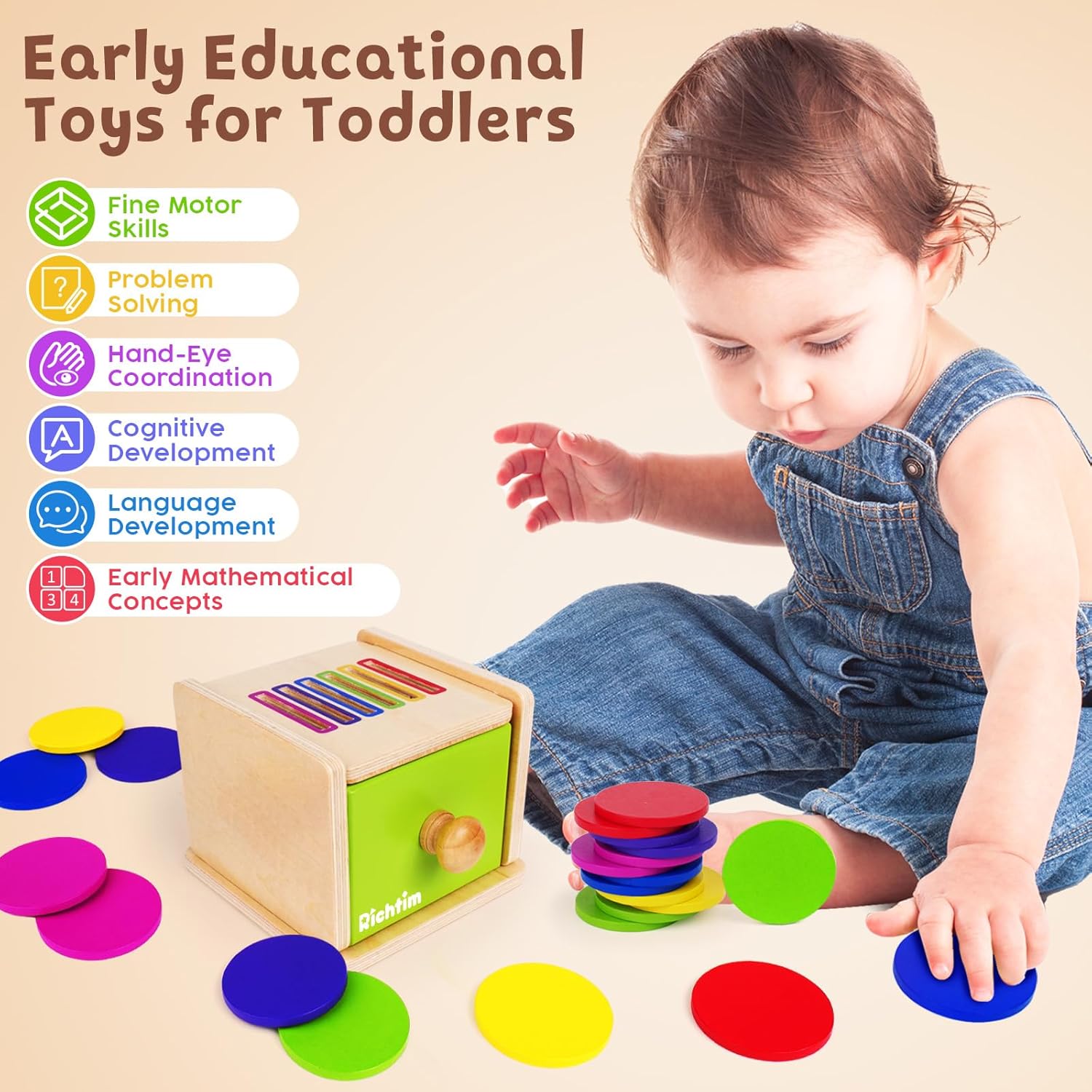 Montessori Toys for 1-3 Year Old: Color Sorting Wooden Drawer Box Toy for Toddlers, Object Permanence and Fine Motor Sensory Toy, 12-18 Months Busy Board Matching Game for Baby Boys and Girls Gifts