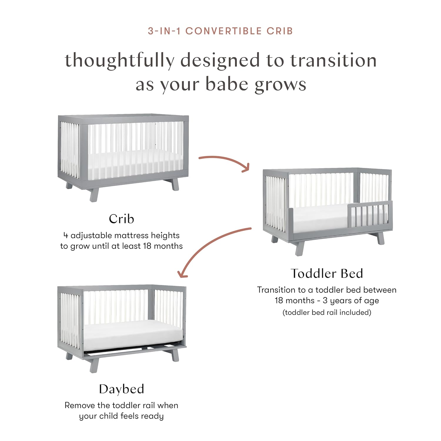 Babyletto Hudson 3-in-1 Convertible Baby Crib with Toddler Bed & Daybed Conversion - Strong, Durable & Easy to Assemble - GREENGUARD Gold Certified w/ 4 Adjustable Mattress Heights - Grey and White