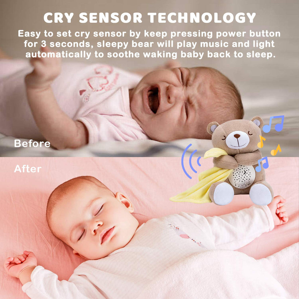 BEREST Rechargeable Baby Sleep Soother Bear, Nursery Decor Night Light Projector, Mom's Heartbeat Cry Sensor Lullabies White Noise Sound Machine, Toddler Crib Sleeping Aid Toys for Shower Gifts