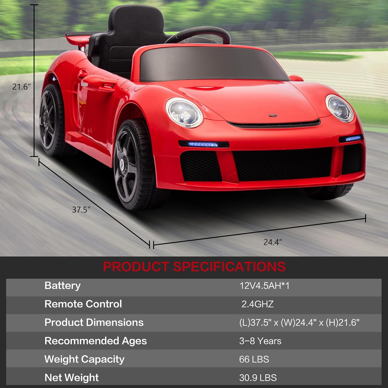 Licensed RUF CTR3 12V Kids Electric Car with Parent Remote Control, 2 Motors, 3 Speeds, LED Lights, MP3 Player | Battery Powered Ride-On Toy for Kids to Drive - Red
