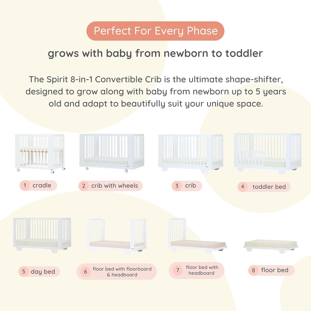dadada Spirit 8 in 1 Convertible Crib to Toddler Bed & Floor Bed, Made in Italy, Greenguard Gold Certified, Adjustable Mattress Heights (White)