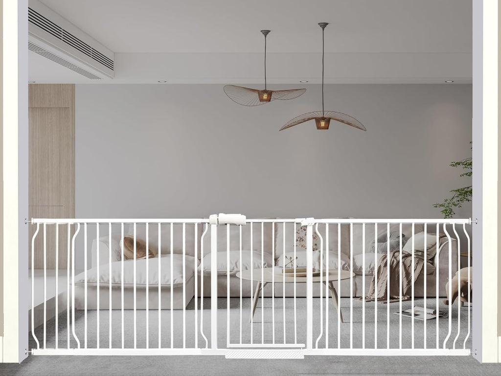 Heavy Duty Baby & Dog Safety Gate 86-104.7 Inch, White Metal, Tension Mounted No Drilling Pet Gate for Large Openings