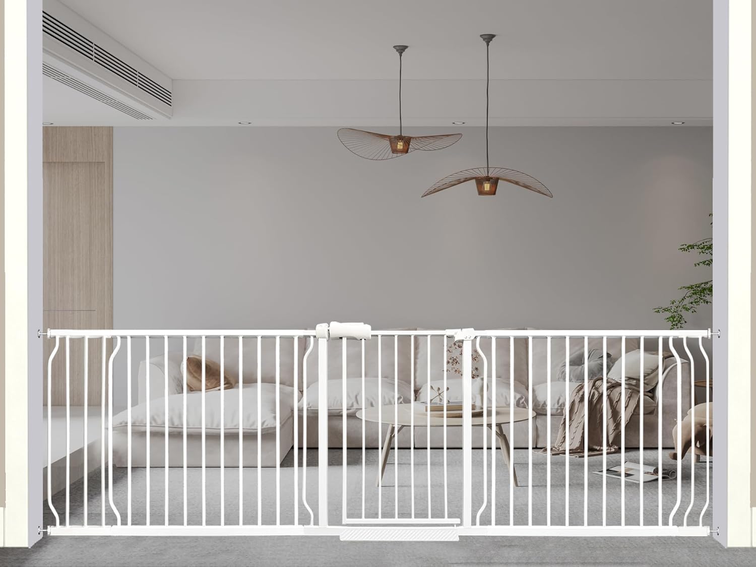 Heavy Duty Baby & Dog Safety Gate 86-104.7 Inch, White Metal, Tension Mounted No Drilling Pet Gate for Large Openings