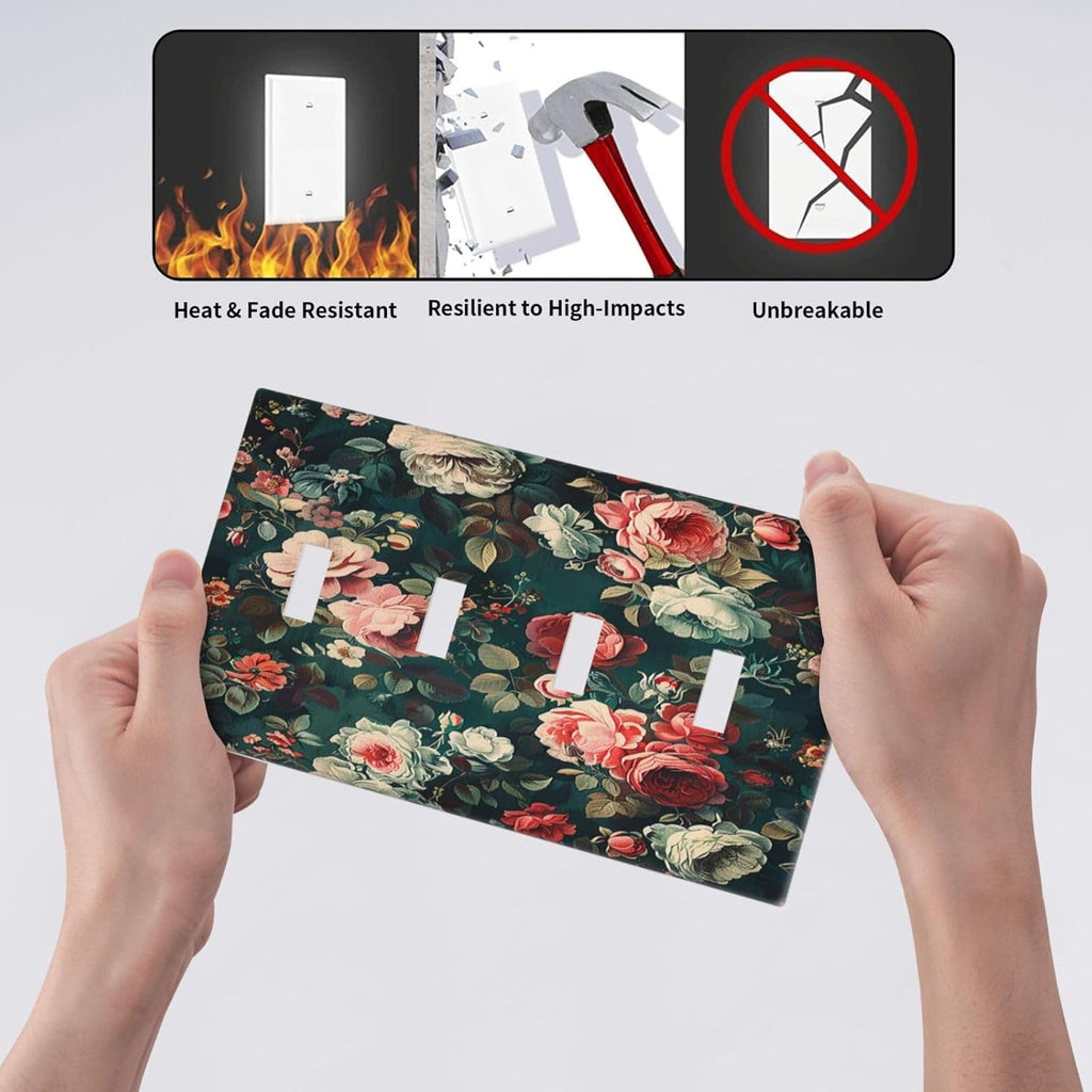 Light Switch Covers Baroque Vintage Peony Flower Floral Quad Toggle Electrical Faceplate 4 Gang Wall Plate Decorative Switch Plates for Bedroom Farmhouse Decor