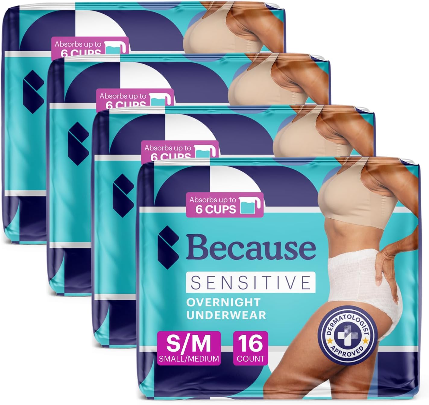 Because Adult Incontinence Underwear for Sensitive Skin - Women - Premium Overnight Disposable Briefs, Anti Odor - White, Small/Medium - Absorbs 6 Cups - 64 Count (4 Packs of 16)