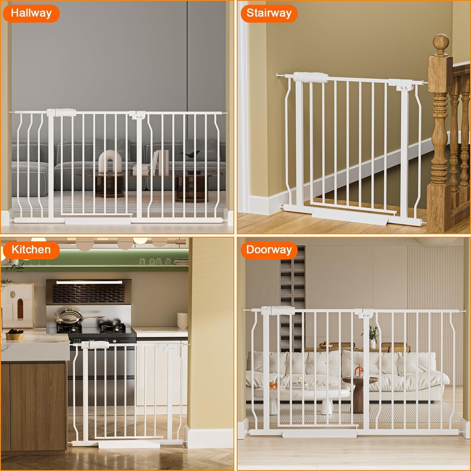 HOOEN Extra Wide Baby Gate for Doorways Stairs 76.38-86.3 Inch Large Long Pressure Mounted Dog Gates Indoor Walk Through Child Gates for Kids or Pets White Safety Gate (White, 76.38-86.3")