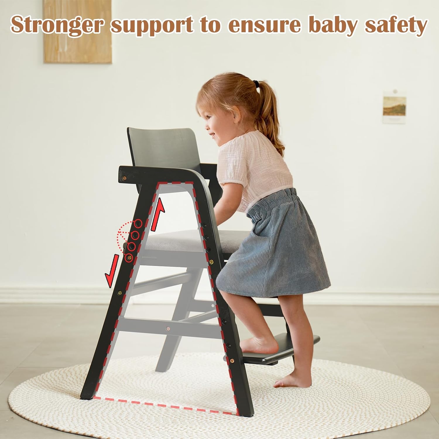 Solid Wood high Chairs for Toddlers,High Chair Grows with Kid for Dining, Study Chair for Children, Black