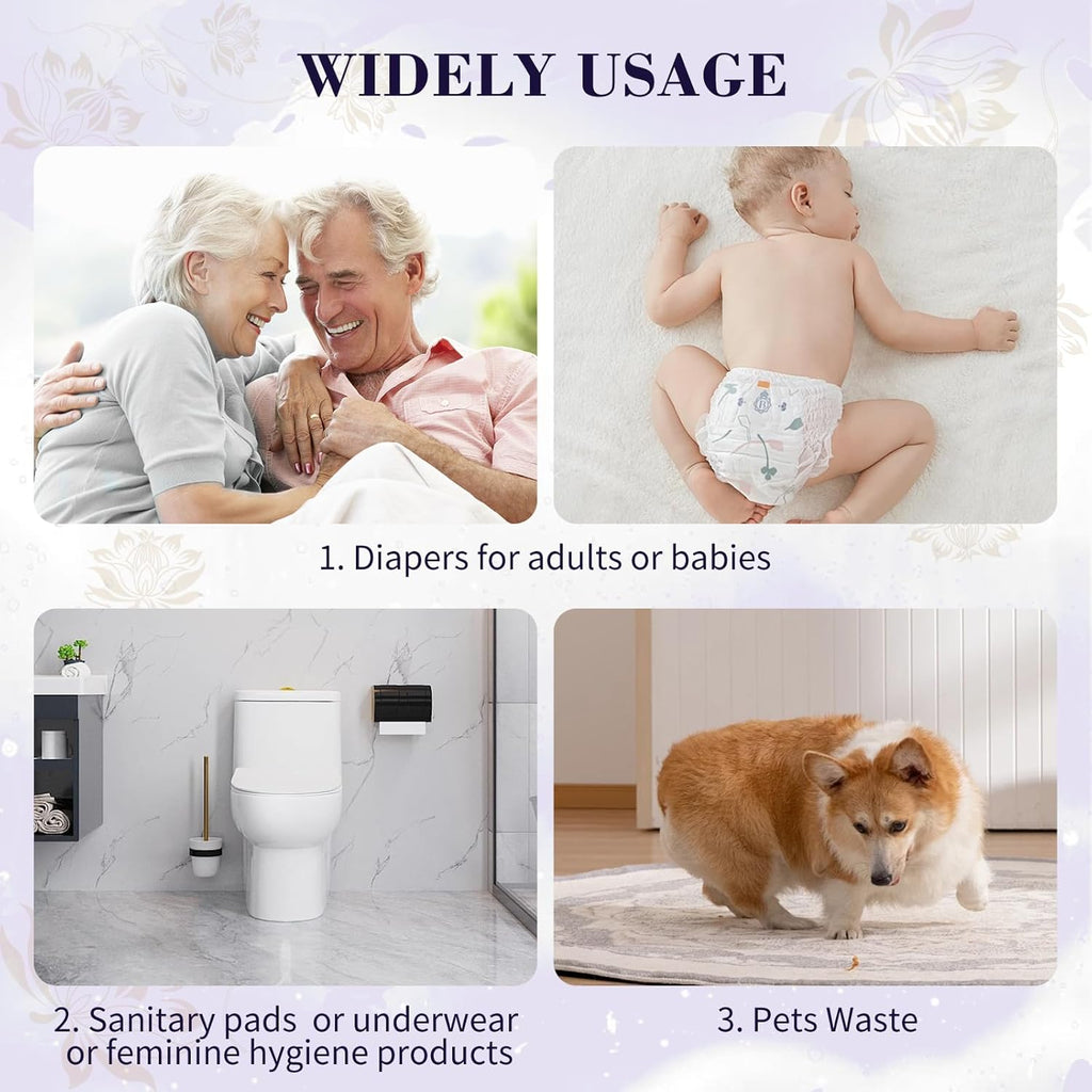 Large Adult Diaper Disposal Bags (18’’x23’’),96 Pcs, Scented, Elderly Waste Disposal, Baby Diapers Disposal Trash Bags, Sanitary Product Disposal at Home and Travel, Purple