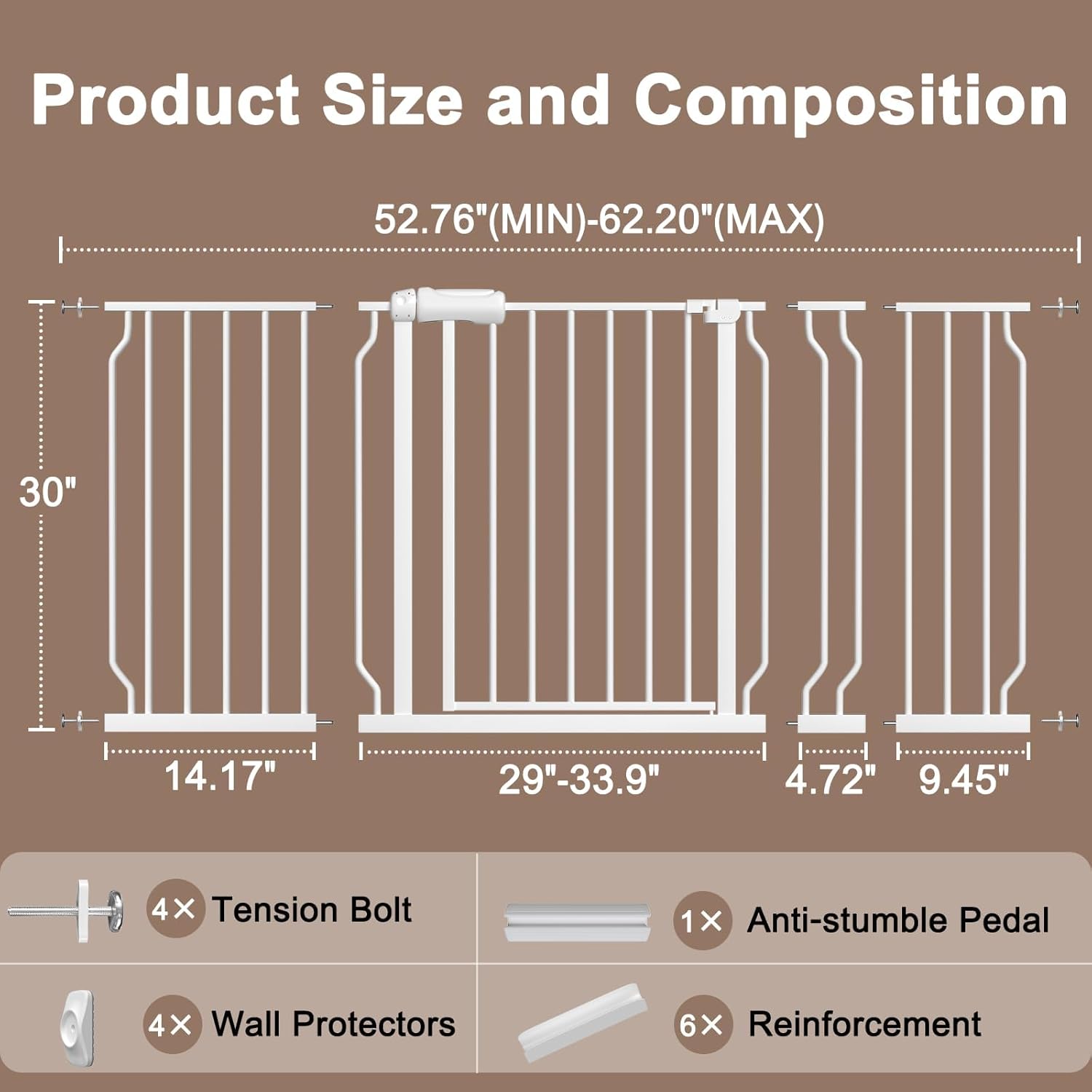 WAOWAO Baby Gate 52.76-62.2" Extra Wide Pressure Mounted Walk Through Swing Auto Close Safety White Metal Toddler Kids Child Dog Pet Puppy for Stairs,Doorways,Kitchen