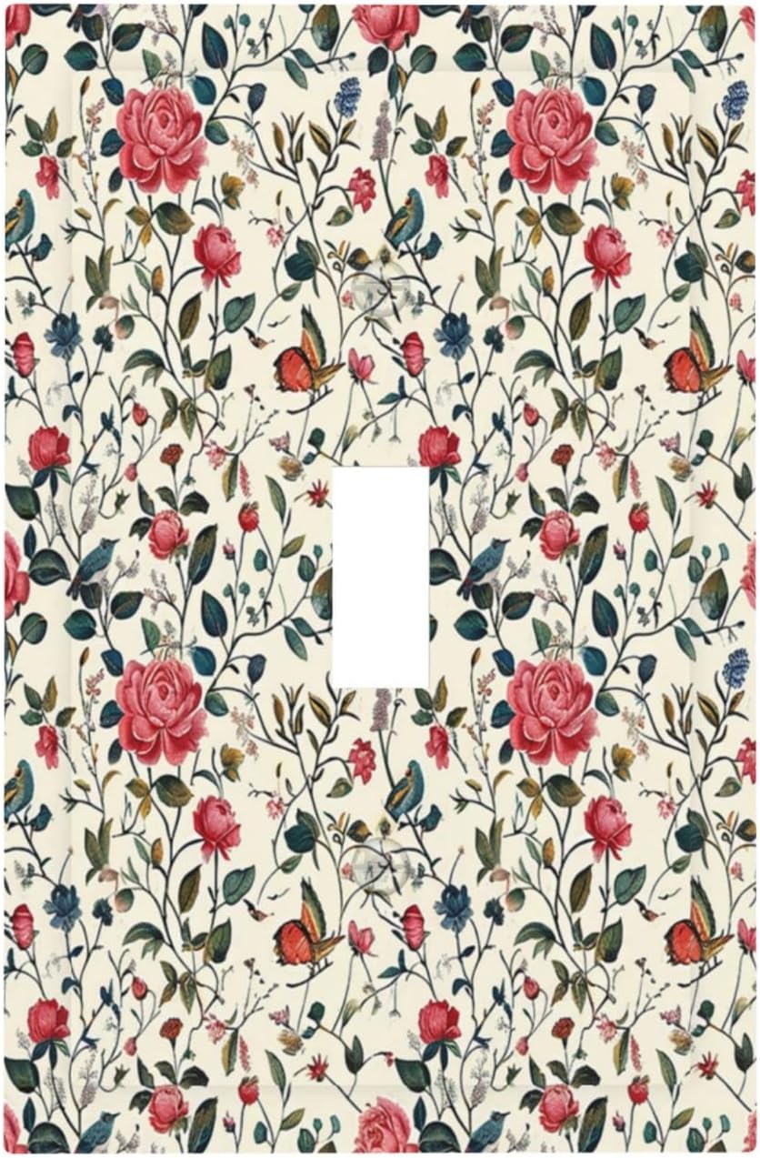 Decorative Light Switch Cover Vintage Flowers Rose Leaf Bird Butterfly 1 Gang Single Toggle Device Electrical Faceplate Switchplates Decorator Outlet Wall Plate for Bedroom living Room Decor