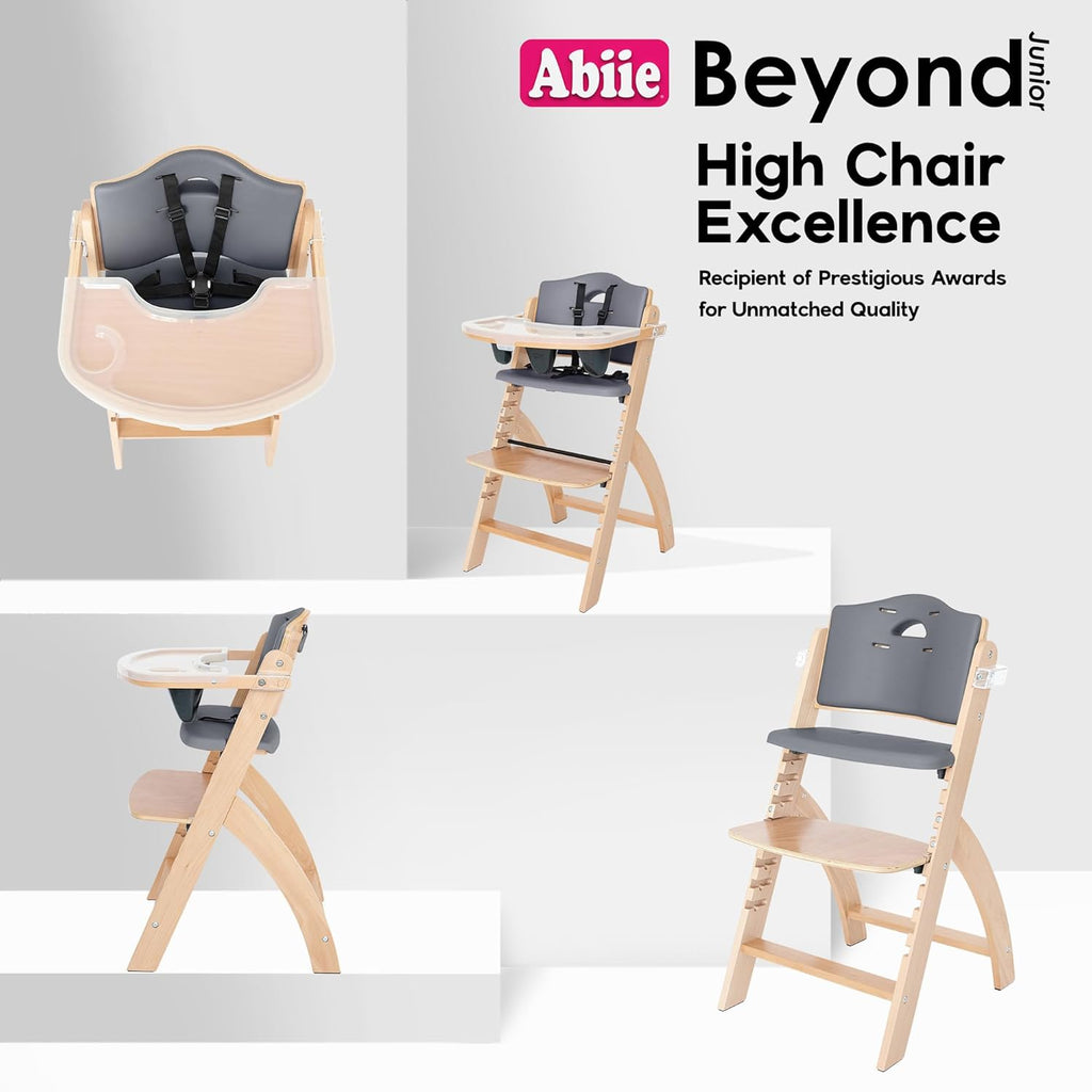 Abiie Beyond Junior Wooden High Chair with Tray - Adjustable and Convertible High Chair for Babies and Toddlers - 6 Months to 250 Lb - Water Resistant - Natural Wood with Dark Grey Cushion