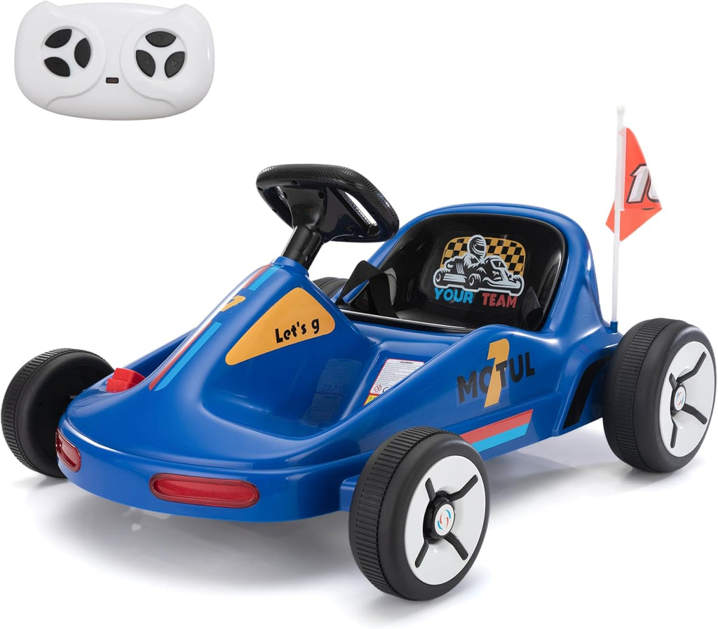 TOBBI 12V Electric Go Kart for Kids Battery Powered Ride on Car Outdoor Race Toy with Remote Control, Safety Belt, Music, LED Lights and Flags for Toddlers 3-8 Years, Blue