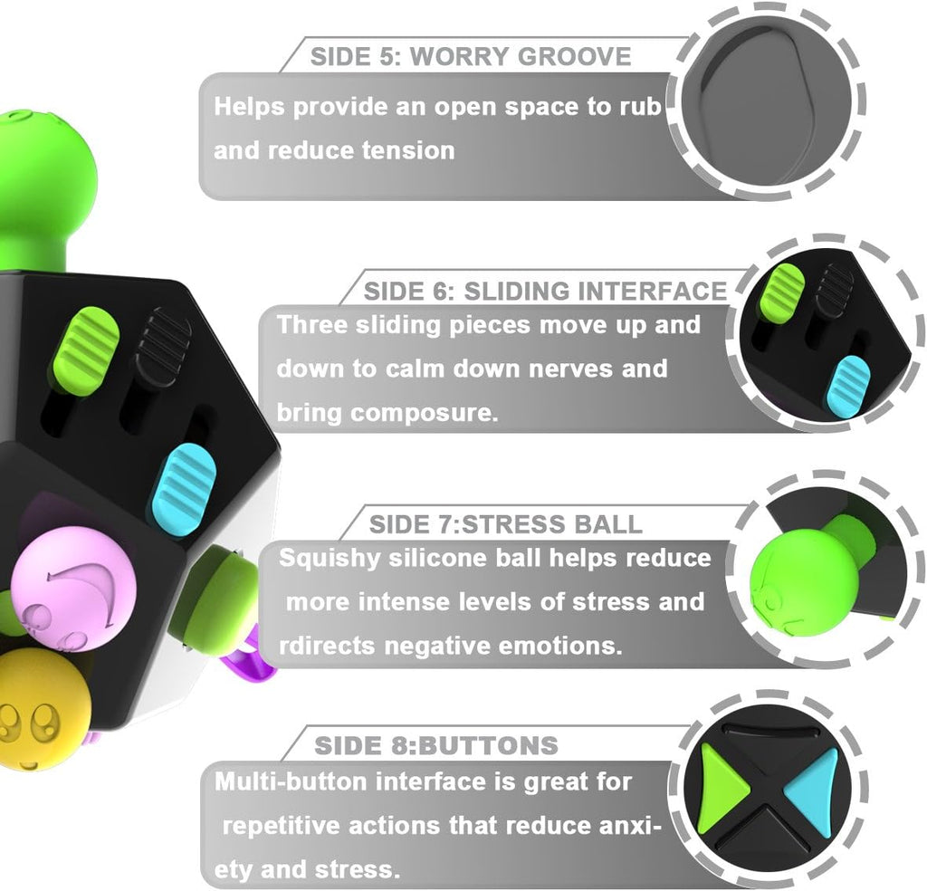 Fidget Dodecagon –12-Side Fidget Toys Cube Relieves Stress and Anxiety Anti Depression Cube for Children and Adults with ADHD ADD OCD Autism (B2 Black Colorful)