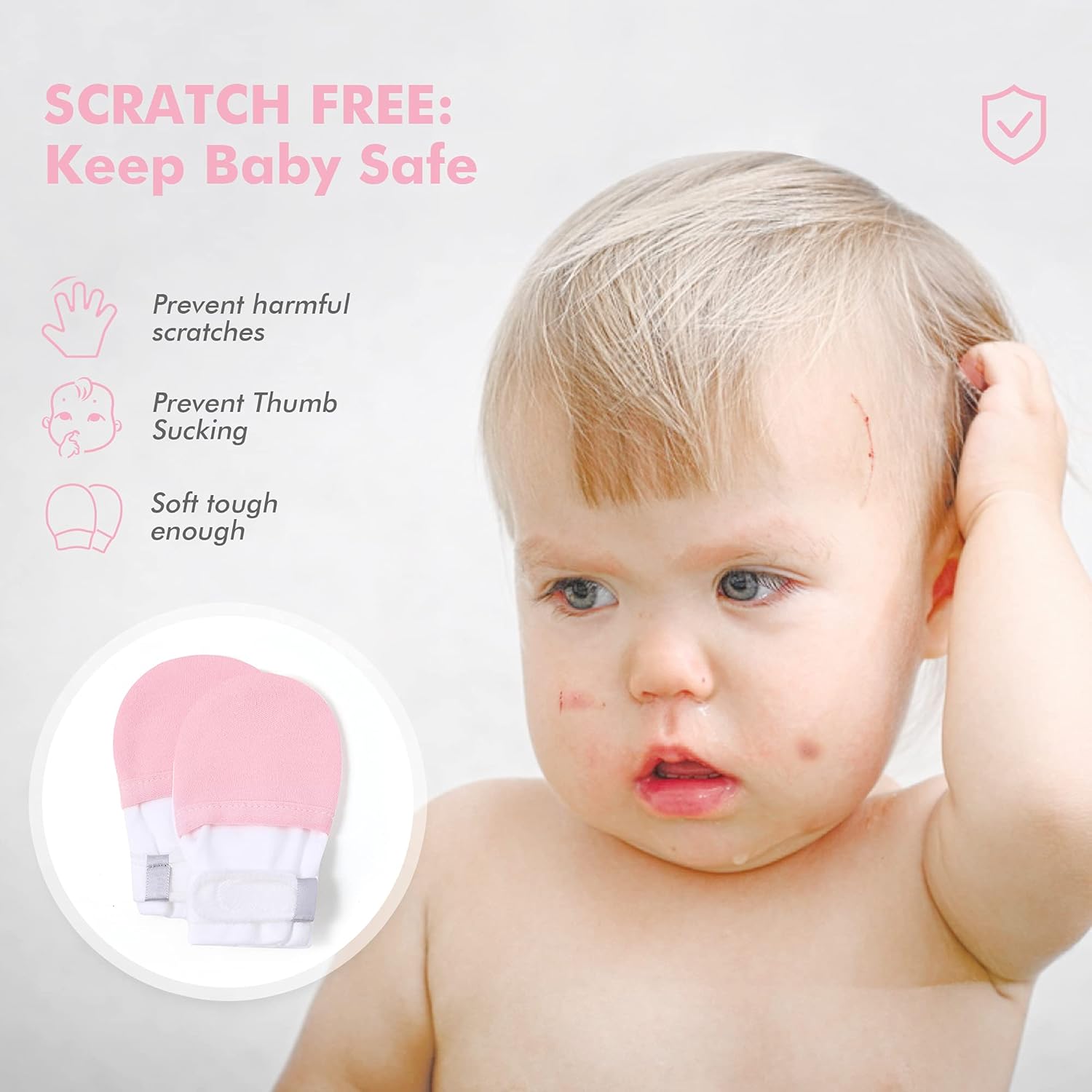 HAPIU Baby No Scratch Mittens Stay On, 100% Cotton Breathable, Adjustable Infant Gloves for Boys Girls, Newborn - 12 M