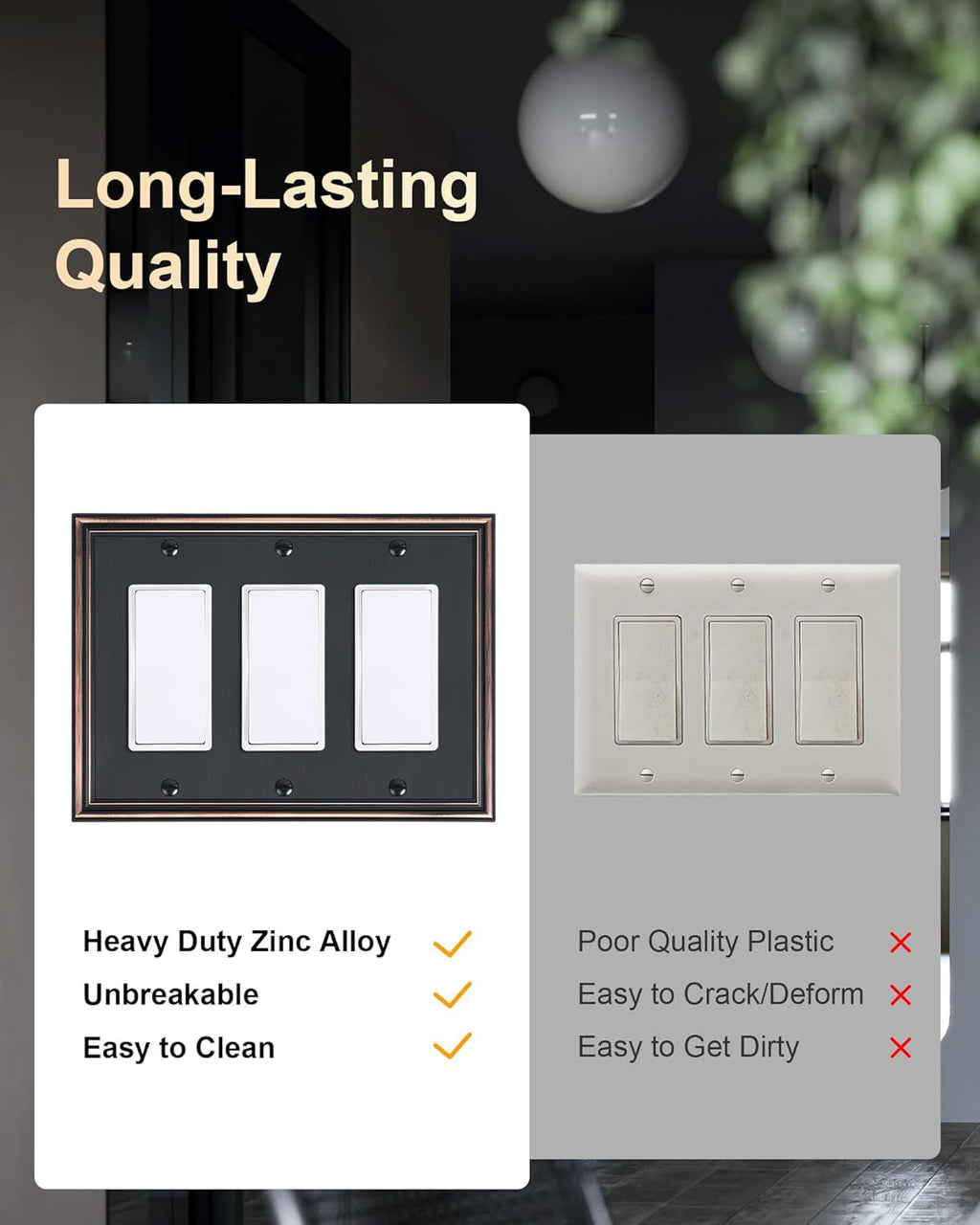 2-Pack Decorative Tripple Decorator Outlet Cover Plate, Durable Zinc Alloy Aged Bronze Wall Plates for Electrical Outlets, Receptacle, GFCI Outlet, Dimmer Switch, 3-Gang, Corrosion Resistant