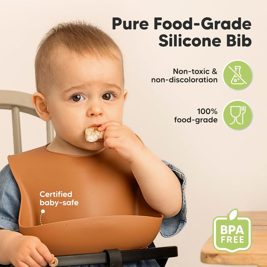 KeaBabies 2-Pack Silicone Baby Bibs for Eating - Sturdy Food-Grade Silicone Bibs for Babies Girl, Boy, Large Food Catcher, Clean & Put On Easily, Waterproof Toddler Feeding Essentials (Terracotta)