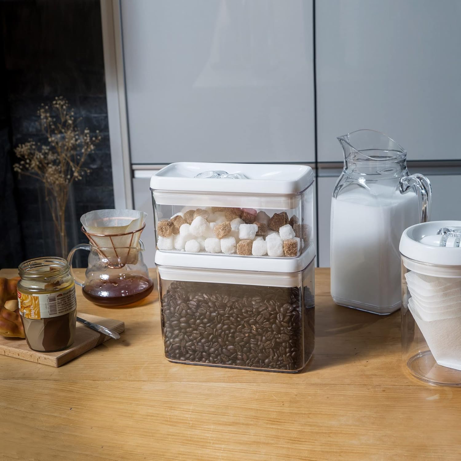 Felli Flip Tite Food Storage Container with Lid 4” RECTANGLE Airtight Ring Flip Lock Top, Stackable Acrylic Canister Set for Kitchen Fridge Pantry Organizer, Veggie Fruit Tea Bag Snack (1.1 qt)