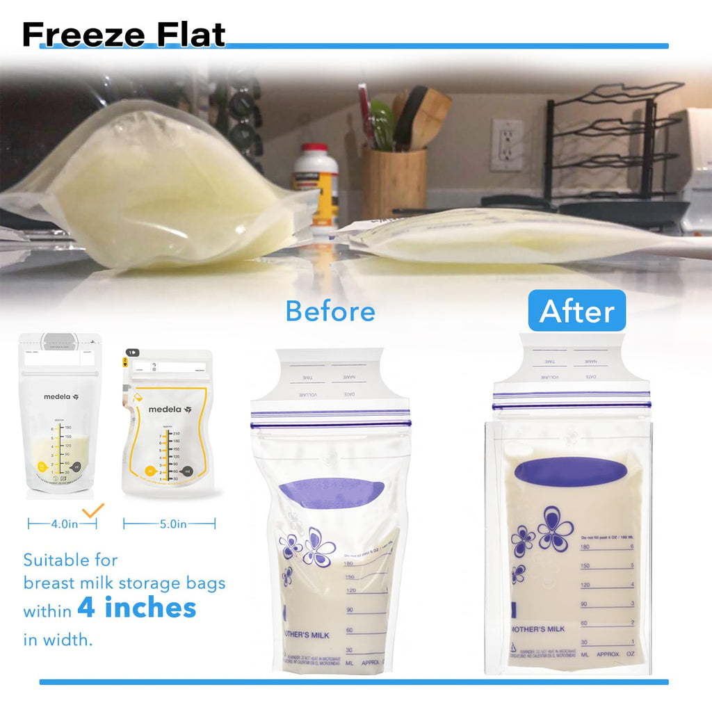Breastmilk Storage Container with 4 Freezer Flattener Kit to Flatten Standing Breast Milk Bags in Organizer Bins Save Refrigerator Space |Horizontal Storage